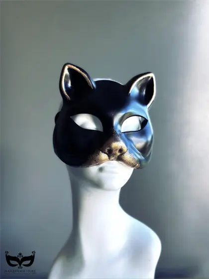 Máscara de Gata Terciopelo Negro y Dorado
