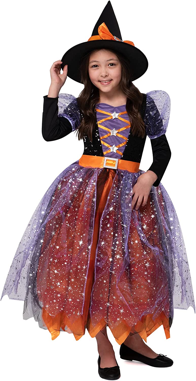 Disfraz de Bruja Estampado Naranja para Niña, foto 3 de 7