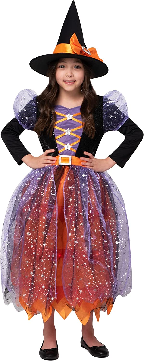 Disfraz de Bruja Estampado Naranja para Niña, foto 5 de 7