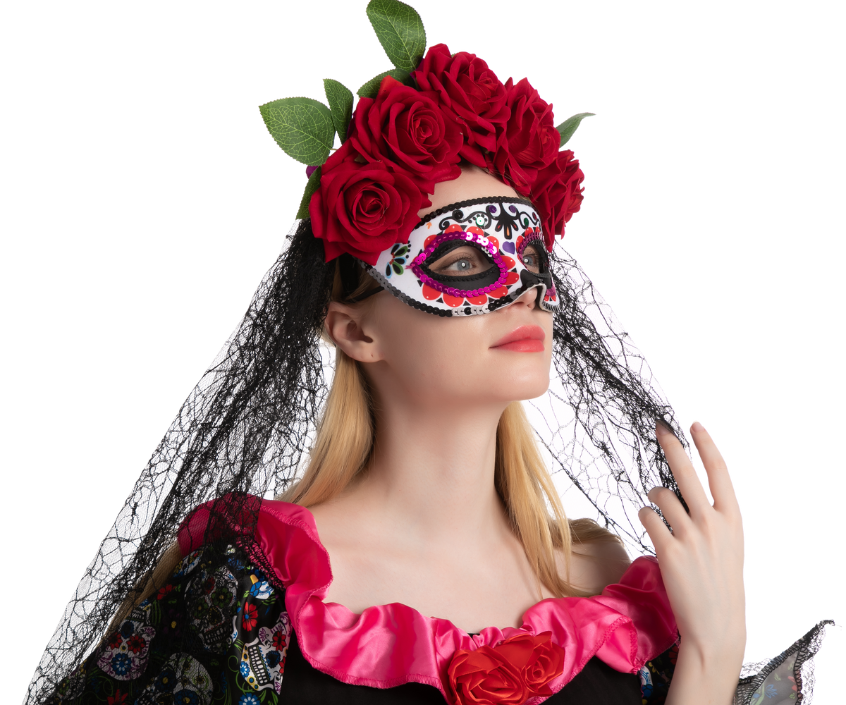 Set Día de Muertos: Diadema con Rosas, Velo y Antifaz, foto 1 de 5