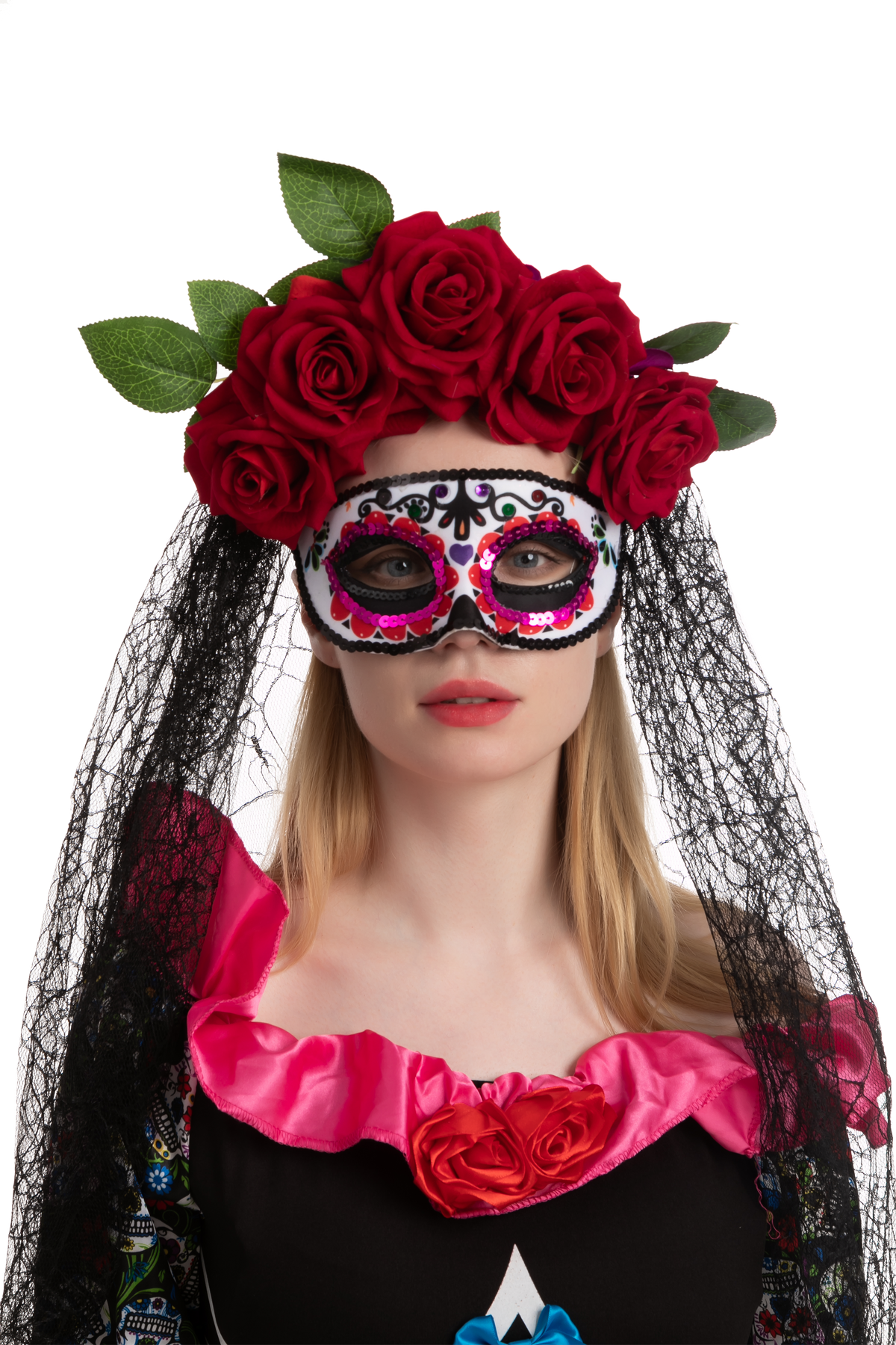 Set Día de Muertos: Diadema con Rosas, Velo y Antifaz, foto 4 de 5