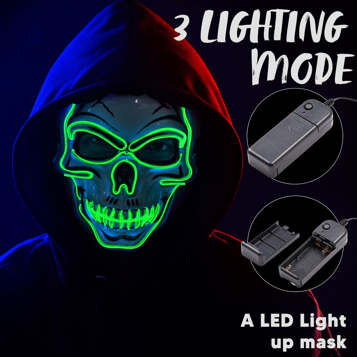Máscara LED de Calavera con Guantes Luminosos Verde, foto 3 de 9