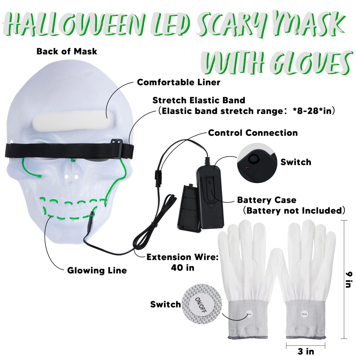 Máscara LED de Calavera con Guantes Luminosos Verde, foto 5 de 9