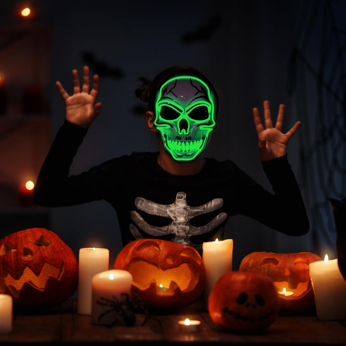 Máscara LED de Calavera con Guantes Luminosos Verde, foto 6 de 9