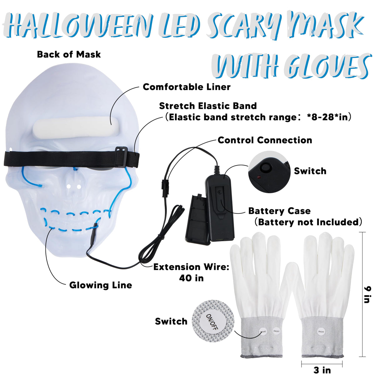 Máscara LED de Calavera con Guantes Luminosos Azul, foto 5 de 9