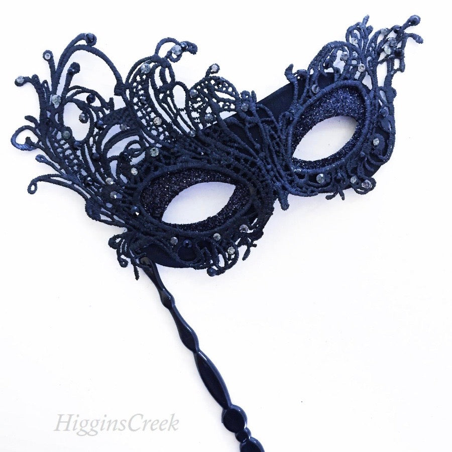 Máscara Veneciana con Bastón Negra Brillante, foto 1 de 10